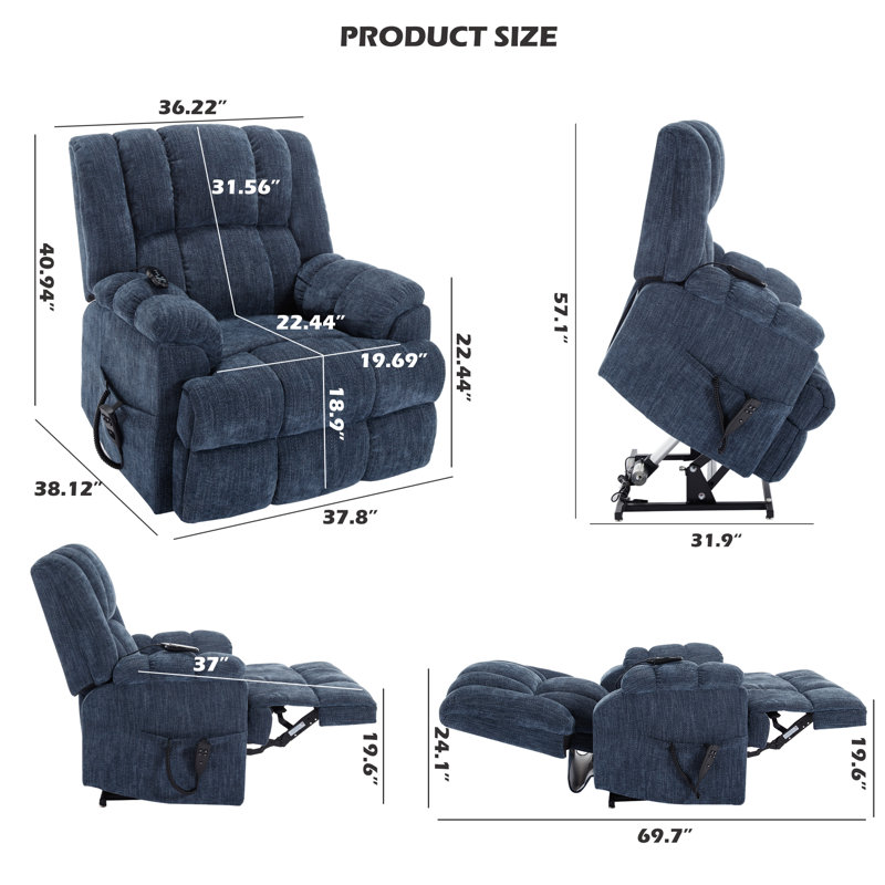  Yvelan Dual Motor Power Lift Recliner with Heat and Massage, Infinite Position, 180°Reclining, Sidepocket, Blue