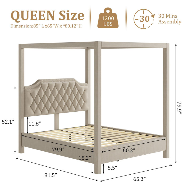 Queen Canopy Bed Frame with Nailhead Headboard, Upholstered with Poles & 4 Corner Brackets, Beige, Queen
