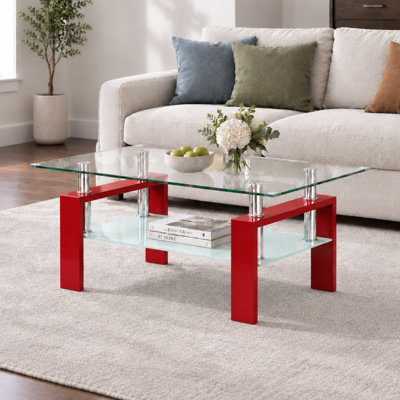 37.2" Modern Glass Coffee Table, Thickened Tempered Glass Top, 2-Tier Storage and Metal Frame