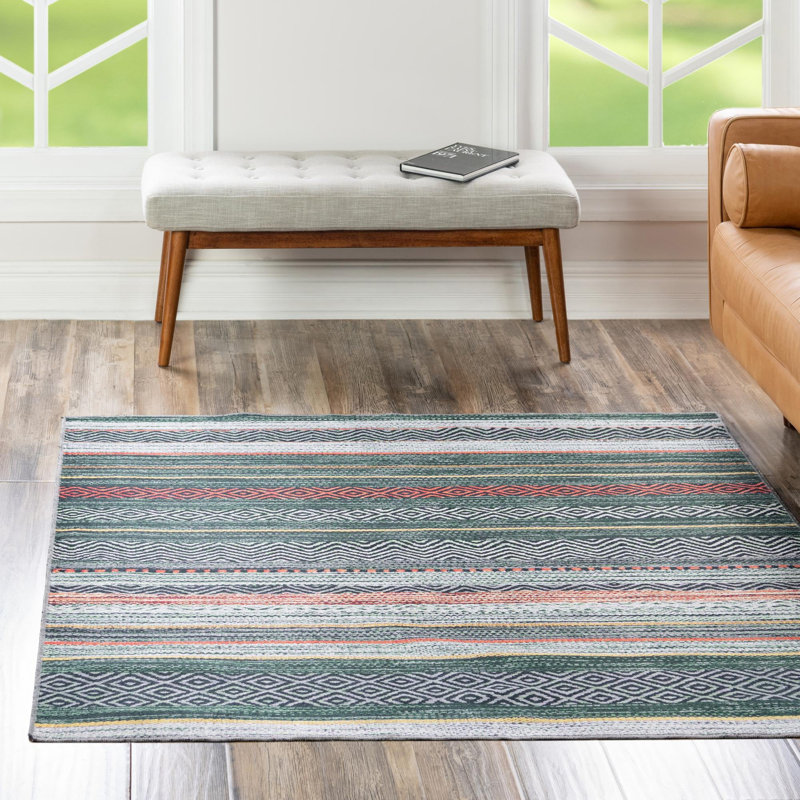 Tapis contemporain Abidur vert-ivoire, Carré 5 pi