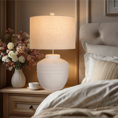 Farmhouse Jar Table Lamps 1 Pack, Rotary Switch Rustic Bedside Lamps With Beige Linen Shade No Assembly Required, Pot Nightstand Lamps For Bedroom Living Room (led Bulbs Included)