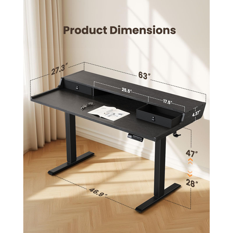 Bureau debout électrique à hauteur réglable avec tiroirs pour le bureau personnel, table de jeu avec tablette de rangement et 4 hauteurs préréglées