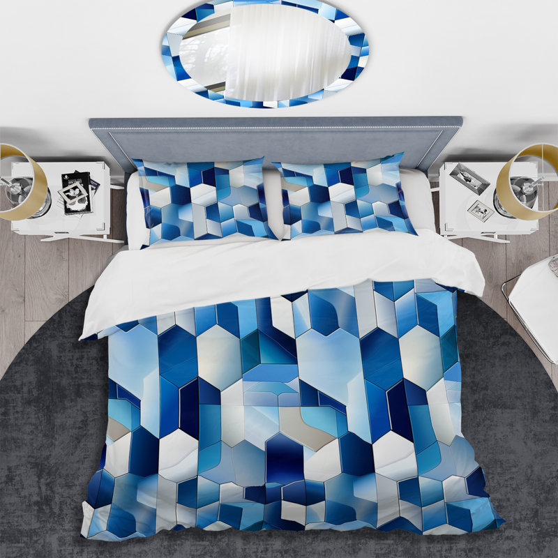 Ensemble de housse de couette géométrique Minimalist White and Blue Polygons Geometric III - Polyester