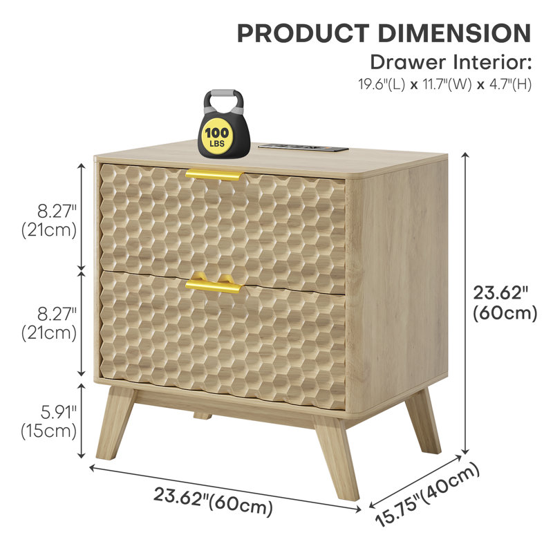 23.6'' W 2-Drawer Nightstand With Built-In Outlets And Human Sensor Light, Oak