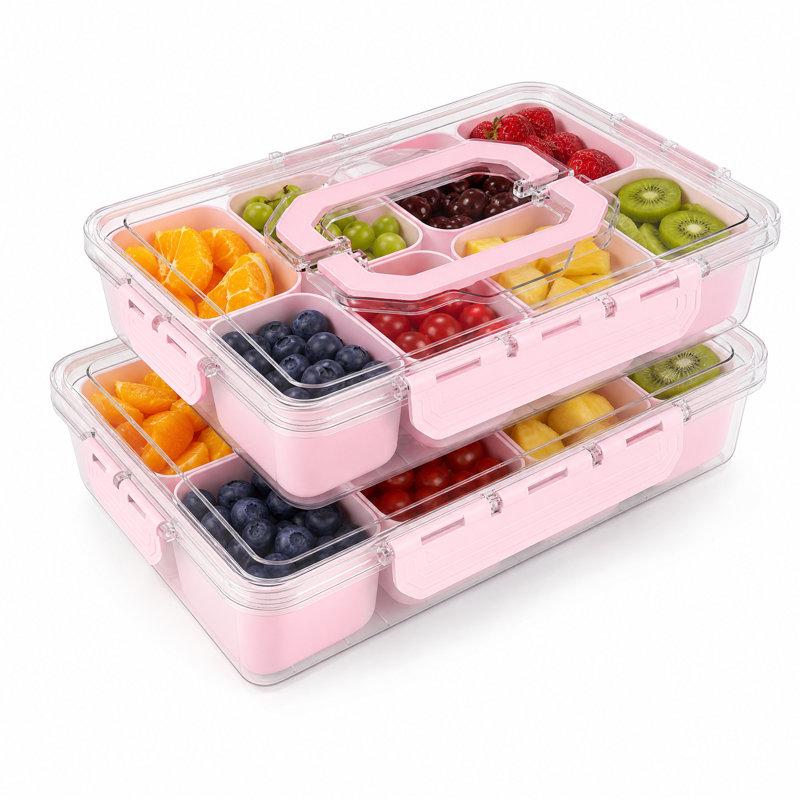 Boîte à collation à 8 compartiments LLMRR, plateau de service divisé avec couvercle et poignée, boîte à collation transparente, boîte à collation et plateau à fruits pour les voyages sur la route, les fêtes, les légumes, les fruits, les bonbons, paquet de 2, rose