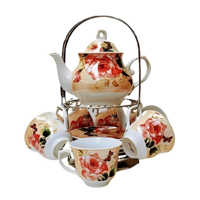 Service à thé en porcelaine à motif floral avec théière, 6 tasses à thé et support en métal