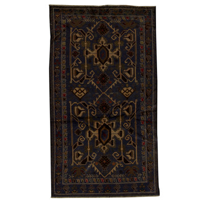Tapis bleu foncé / beige / brun noué à la main de haute qualité