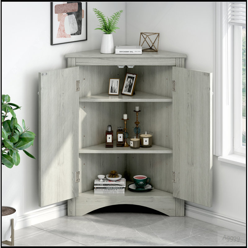 Oak Triangle Bathroom Storage Cabinet With Adjustable Shelves, Freestanding Floor Cabinet For Home Kitchen