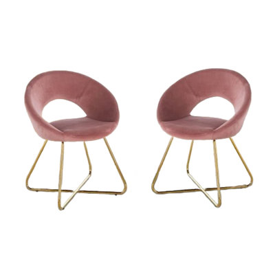 Sera Accent Chair Set Of 2, Rose Pink Velvet, Curved Back, Gold Metal