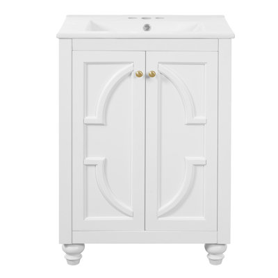 Meuble-lavabo moderne 24 po avec motif elliptique orné, charnières à fermeture douce, armoire de salle de bain blanche avec lavabo en céramique