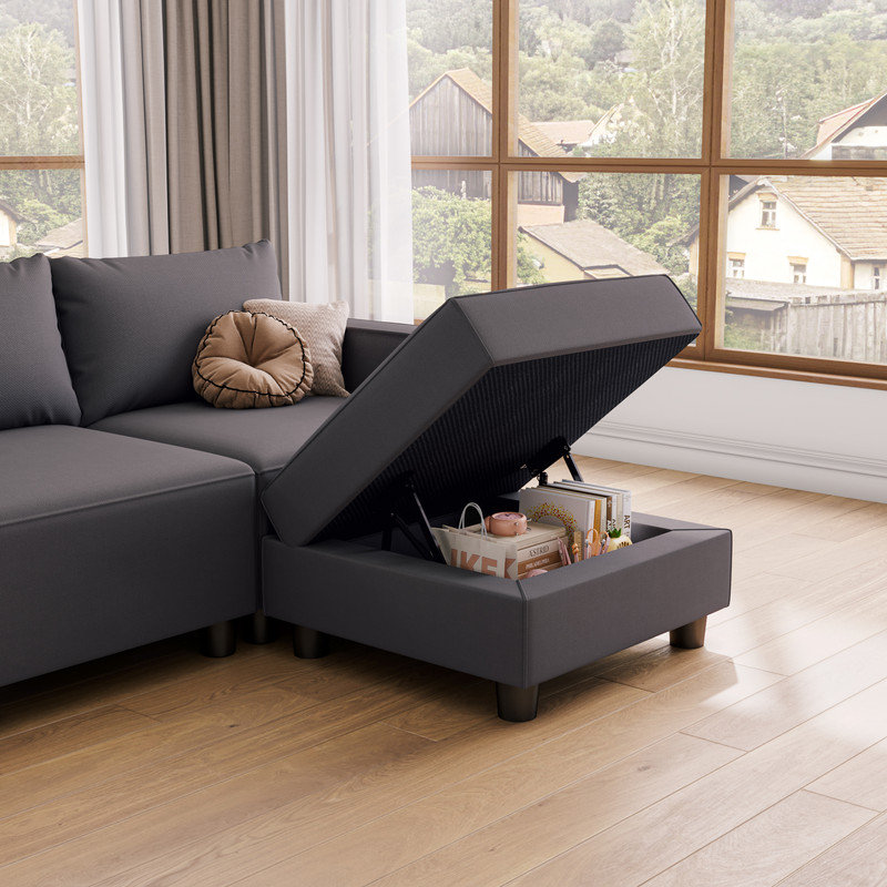Canapé modulaire modulaire avec repose-pieds de rangement amovible, Lin gris