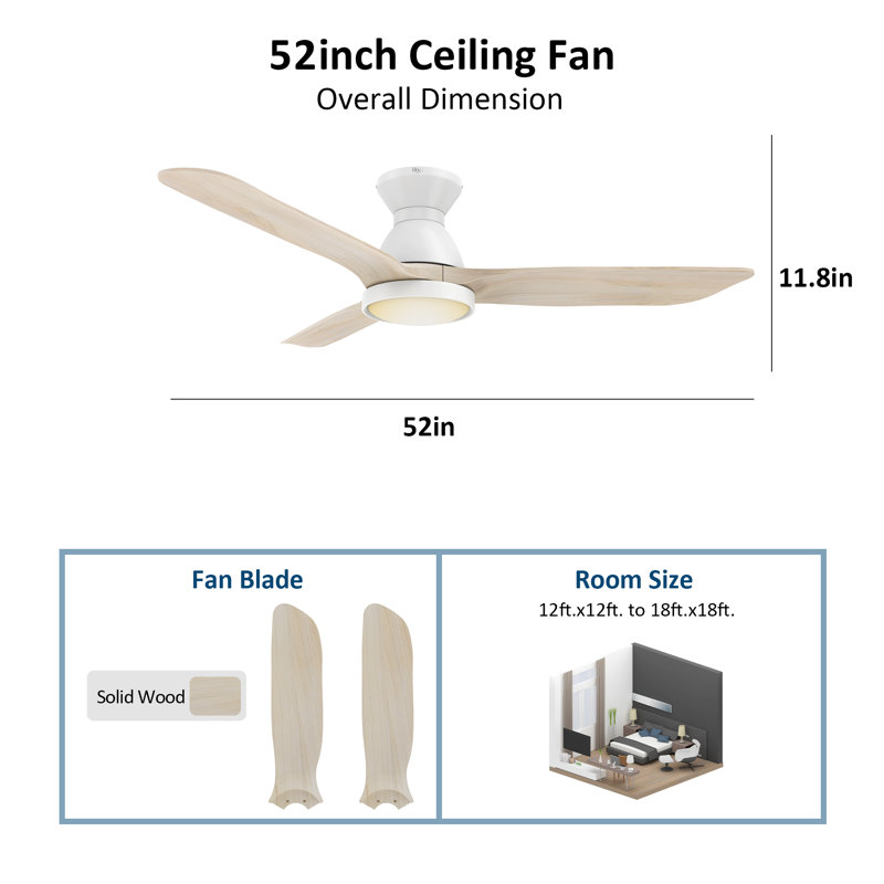 52" 3 - Blade Smart  Ceiling Fan with Light, White, White