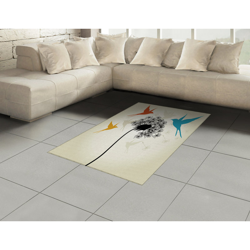 Tapis décoratif à fibres longues haute densité en polyester et coton à motif d'oiseaux, Rectangle— 4 pi x 5 pi 8 po