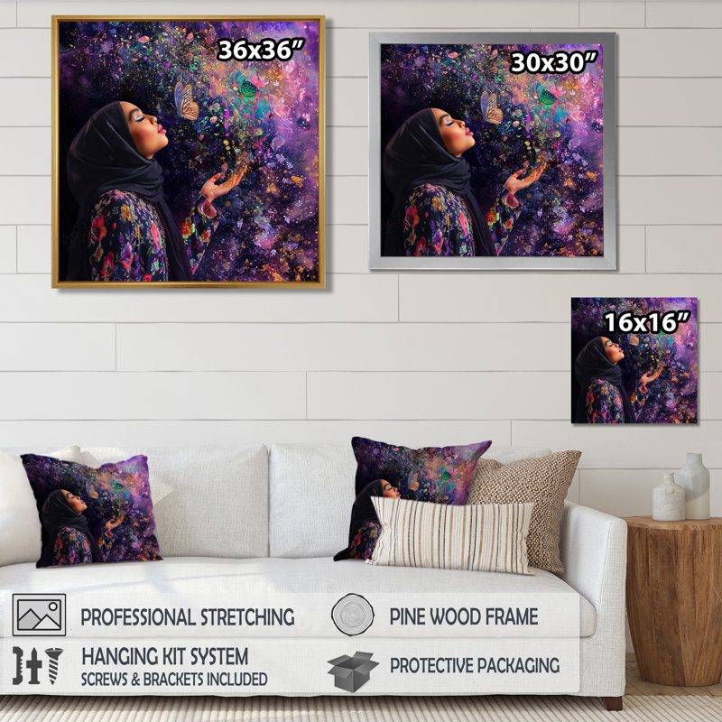 Décoration murale mauve papillon mauve, Cadre flottant noir, H 16 po x l 16 po