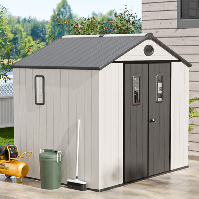 Remise de rangement extérieure en résine 8 pi x 6 pi avec plancher et portes doubles pour meubles de jardin et outils de jardin, gris / blanc