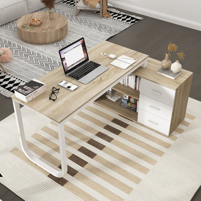 Akirah L-Shaped Metal Base Writing Desk, Natural, White