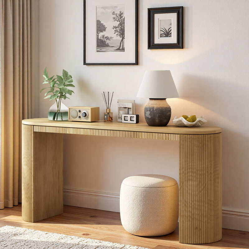 Curved Design Console Table With Unique Vertical Stripe Design, Natural
