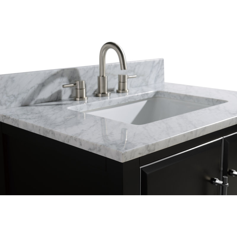 Mason 30" Single Bathroom Vanity with Carrara Marble Top, Carrara White, Navy Blue, Matte Gold