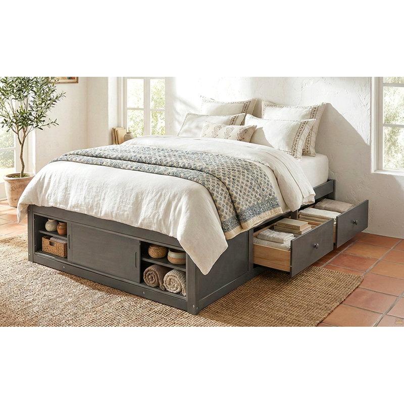 Structure de lit plateforme grand format avec 4 tiroirs de rangement et casier de rangement au pied de lit, Gris