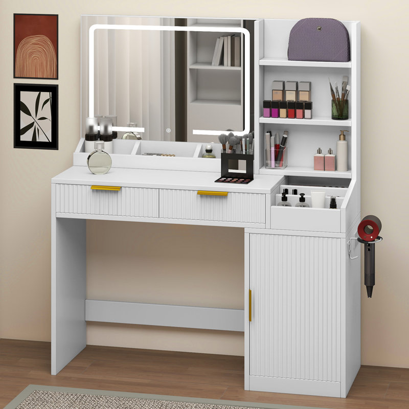  39.7" Vanity Desk With Large Lighted Mirror, 2 Drawers & Shelves & Charging Station, White