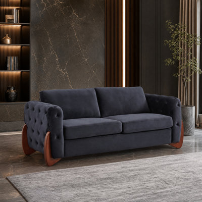 Tufted Velvet Sofa with Curved Wood Legs
