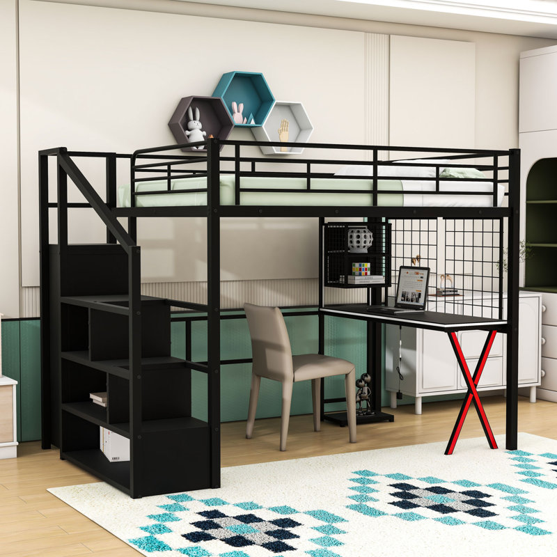 Metal Loft Bed with Wardrobe, Storage Staircase and LED Light