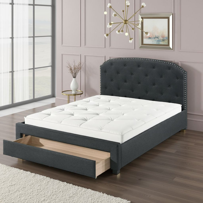 Lit plateforme tapissier avec rangement Rocsi, Gris anthracite, Grand