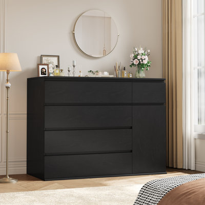 Kardos 39.3"W Modern Solid Wood Combo Dresser with 5 Drawers & Cabinet, Medium Wood Finish