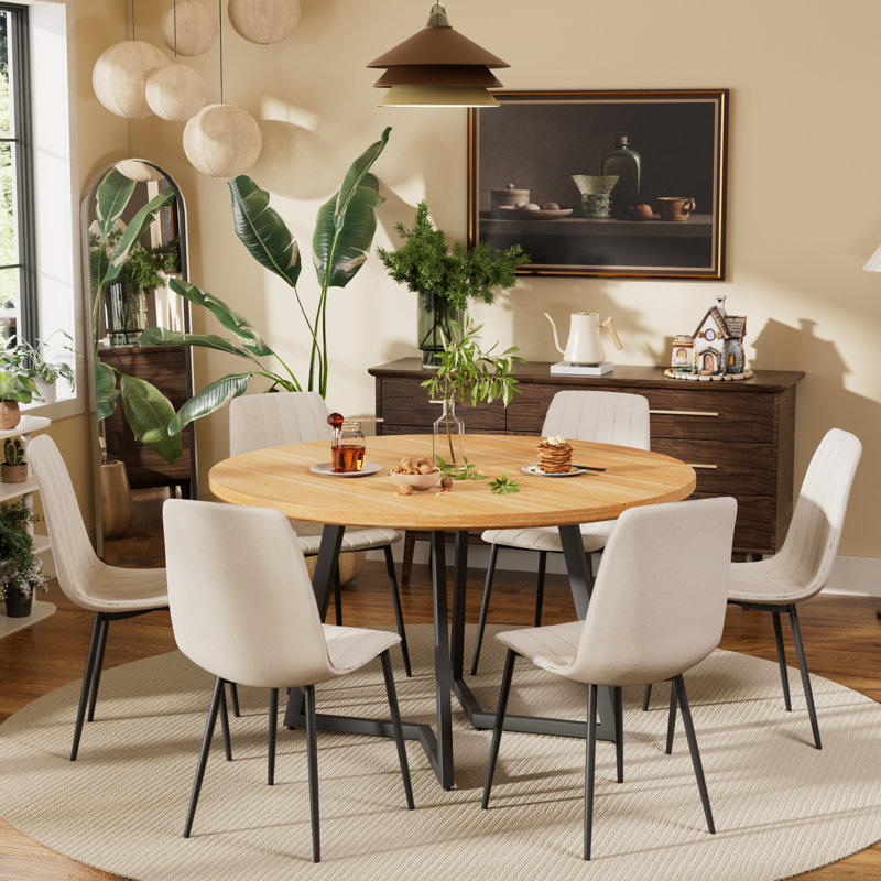 Ensemble de table de salle à manger ronde avec chaises en tissu d'ameublement en velours, 7, Naturel, Beige
