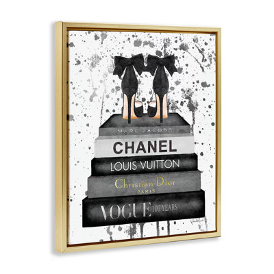 Glam Fashion Book Stack Gray Bow Pump Heels Ink by Amanda Greenwood - Floater Frame Graphic Art on Canvas
