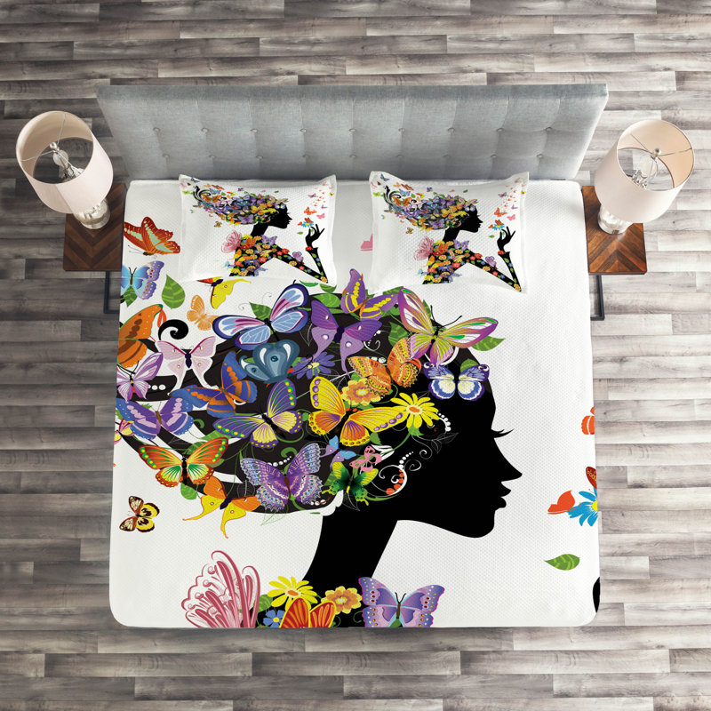 Butterflies Floral Coverlet, King Bedspread + 2 Shams