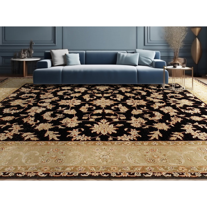 Hand Knotted Oriental Area Rug in Black/Beige, Rectangle 10' x 14'