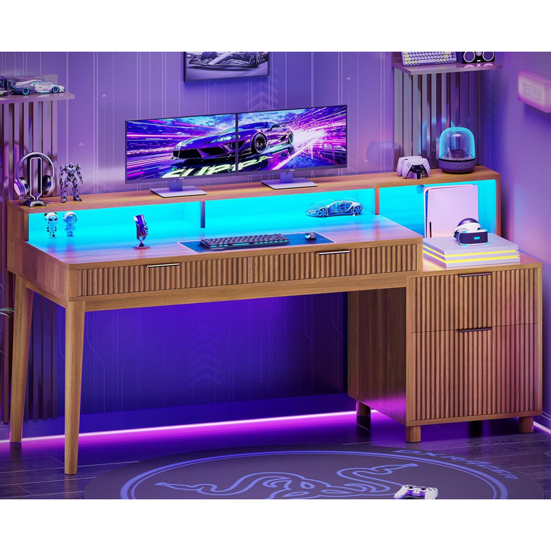 Bureau de jeu électrique avec tiroirs et lumières DEL Alvonia, Brun