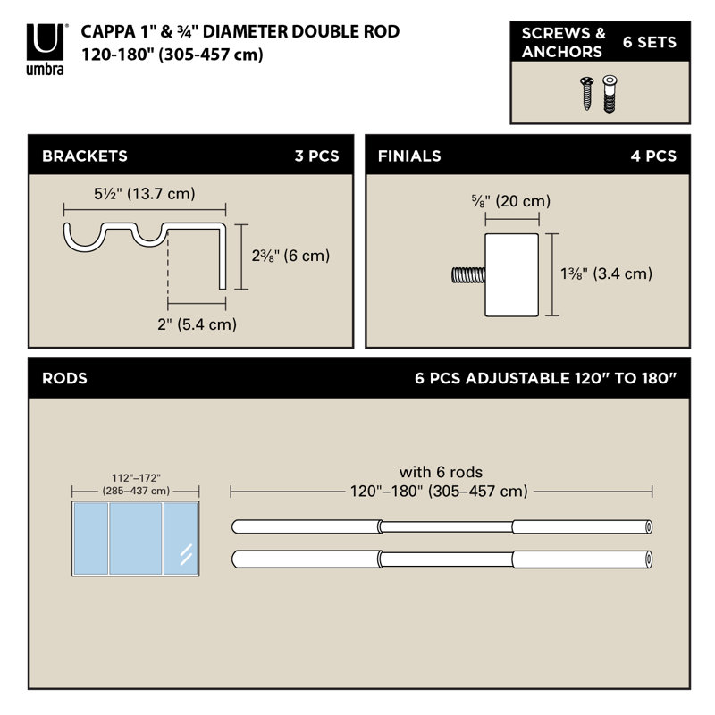 Nickel Adjustable Double Curtain Rod 120-180"