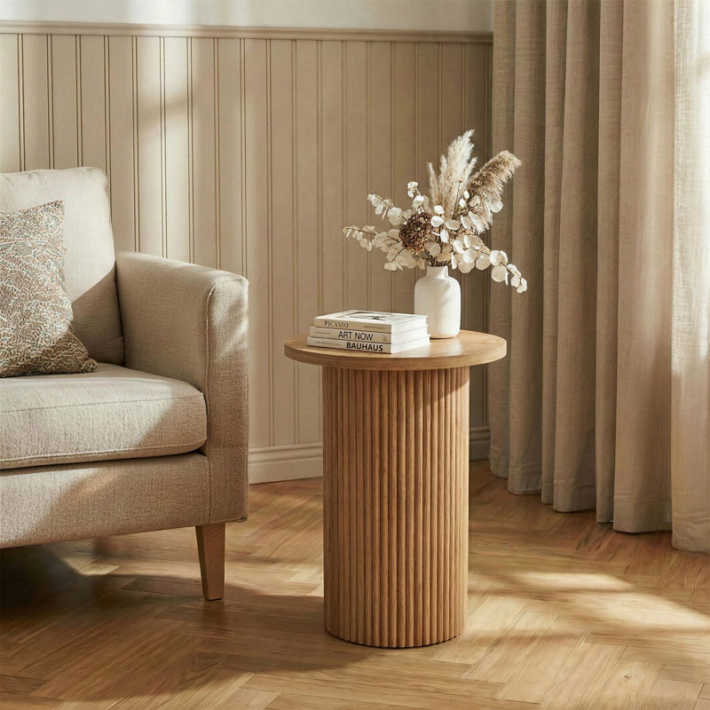 22'' Tall Solid Wood Round End Table Drum Side Table with Fluted Pedestal Base, Beige