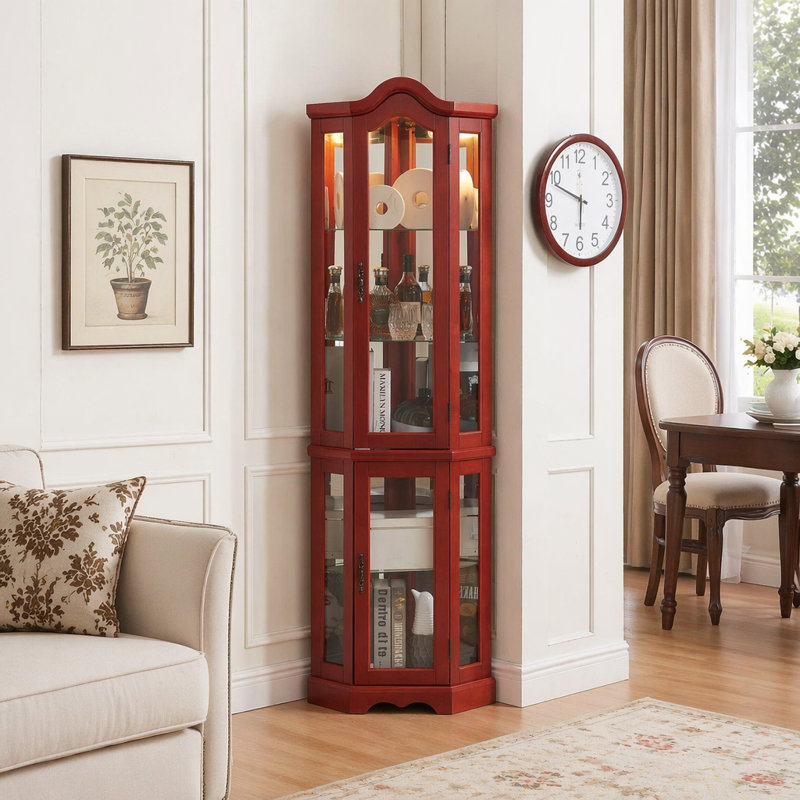 Vitrine de coin lumineuse avec portes et tablettes en verre trempé, idéale pour exposer des objets de collection dans le salon et la chambre à coucher