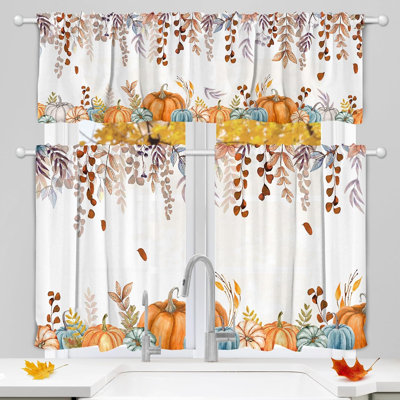 Rideaux d'automne pour la cuisine, ensemble de 3 rideaux à œillets avec cantonnière, décorations de cuisine avec motif de feuilles et de citrouilles d'automne