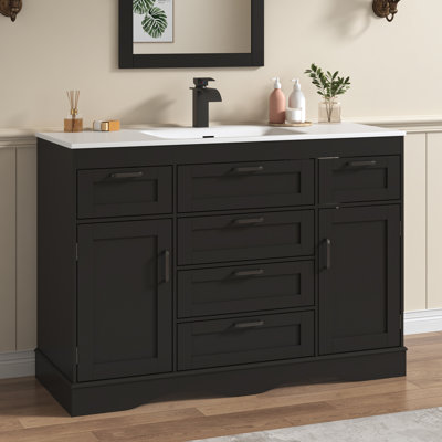 59" Modern Double Sink Bathroom Vanity With Undermount Basins, Freestanding Cabinet With 2 Doors, 3 Drawers & Flip-Top Storage Compartments