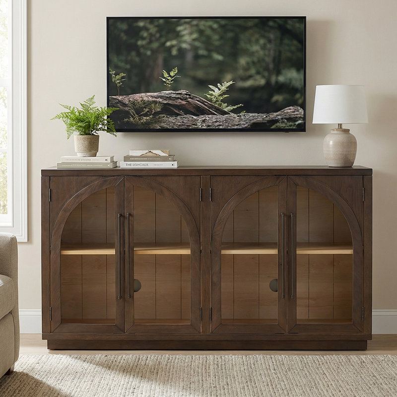 Large Storage Sideboard With Glass Doors And Unique Arched Design For Dining Room, Brown