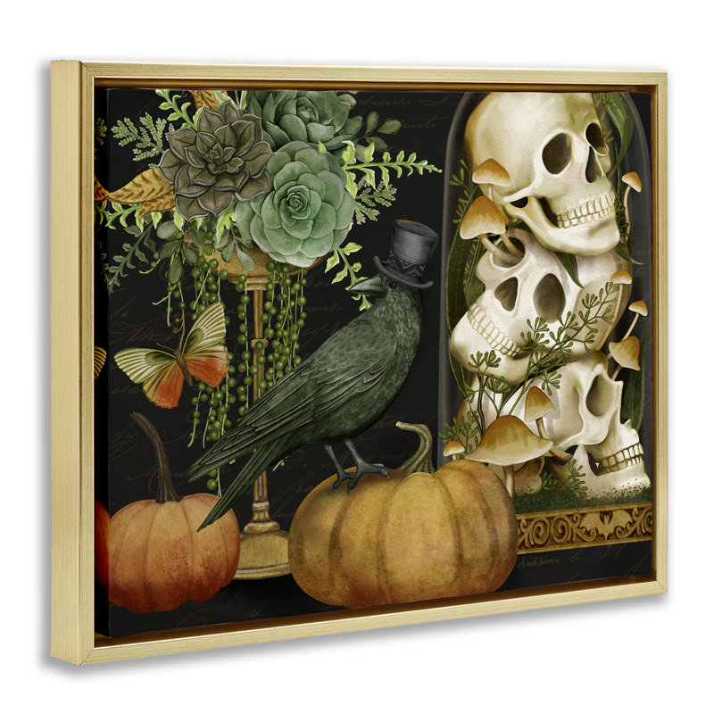 Cadre flottant Crow & Skulls Académie, design par Nicole Tamarin, H 25 po x l 31 po, Cadre flottant métallique doré
