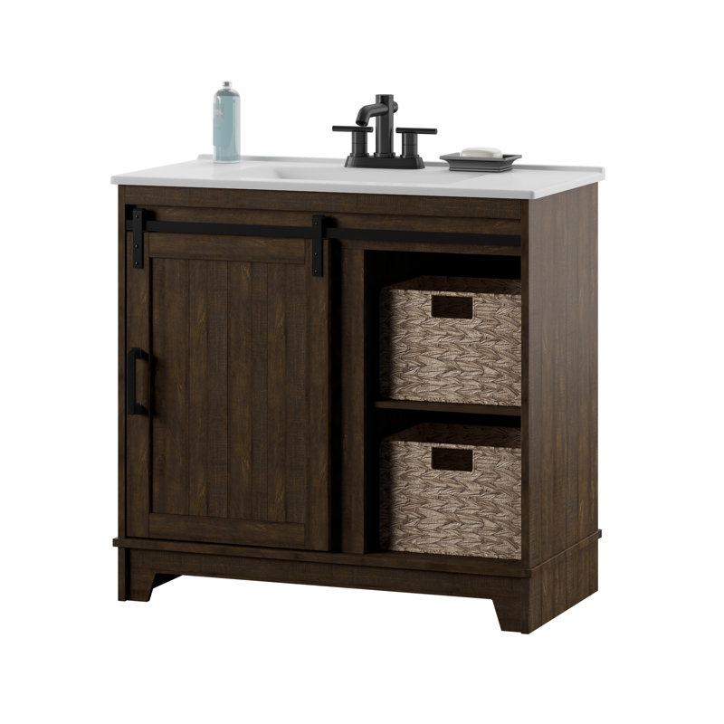 Braylen 35.88'' Single Bathroom Vanity with Ceramic Top, Saw Cut Espresso