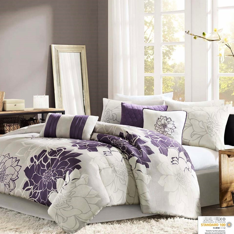 Édredon simple TG / taupe gris / mauve avec literie en coton imprimé et coussins en suède, Mauve