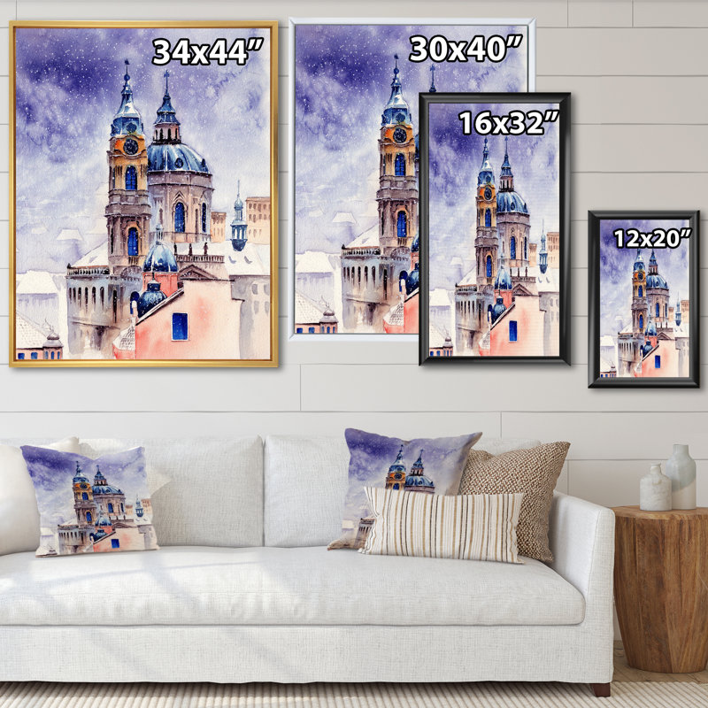 «Saint Nicholas Church in Prague in Winter», peinture sur toile, H 32 po x l 16 po x P 1 po, Cadre flottant blanc