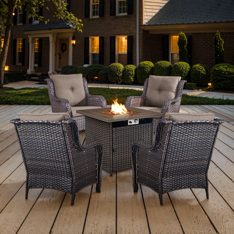 Bonia Outdoor 5-Pieces PE Wicker Patio Chair Set with Fire pit and Cushions, Brown, Gray