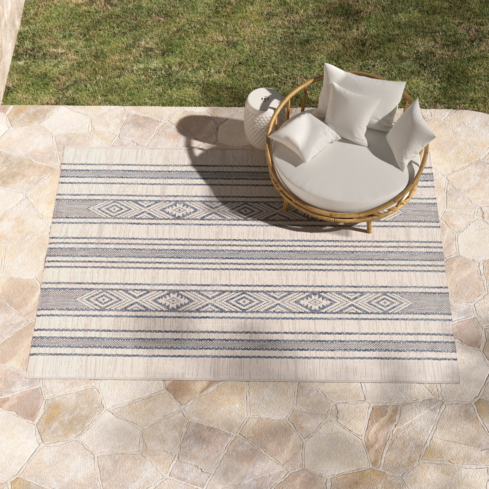 Morwen Navy White Outdoor Geometric Rug, Rectangle 7'10" x 10'2"