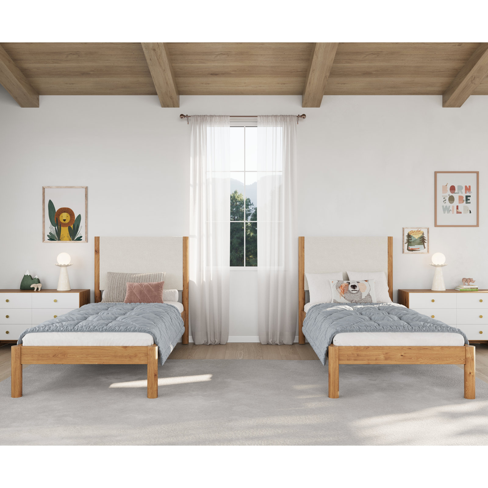 Ardin Solid Wood Bed Frame With Cream Boucle Upholstered Headboard, Natural, Twin