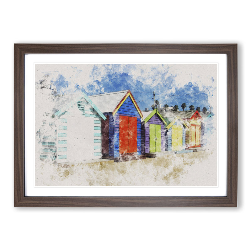 Colourful Beach Huts - Picture Frame Painting, 65cm H x 90cm W x 2cm D, Walnut