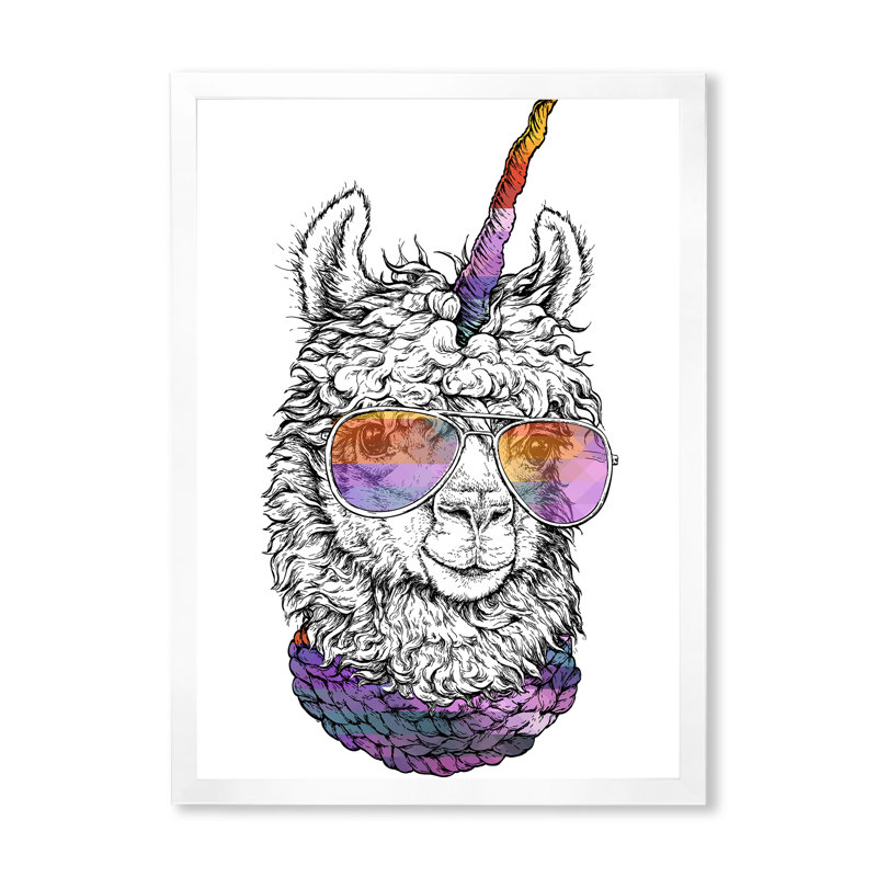 «Cute Lama with Sunglases» - Impression sur toile, H 20 po x l 12 po, Cadre photo blanc