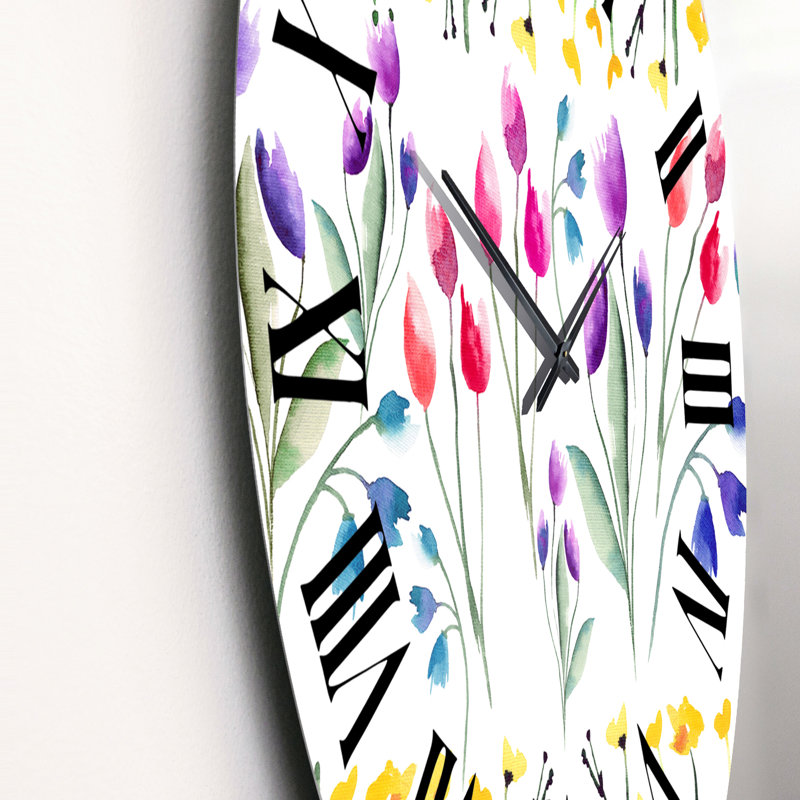 Horloge murale à motif fleurs jaunes et tulipes rouges et violettes, Grand