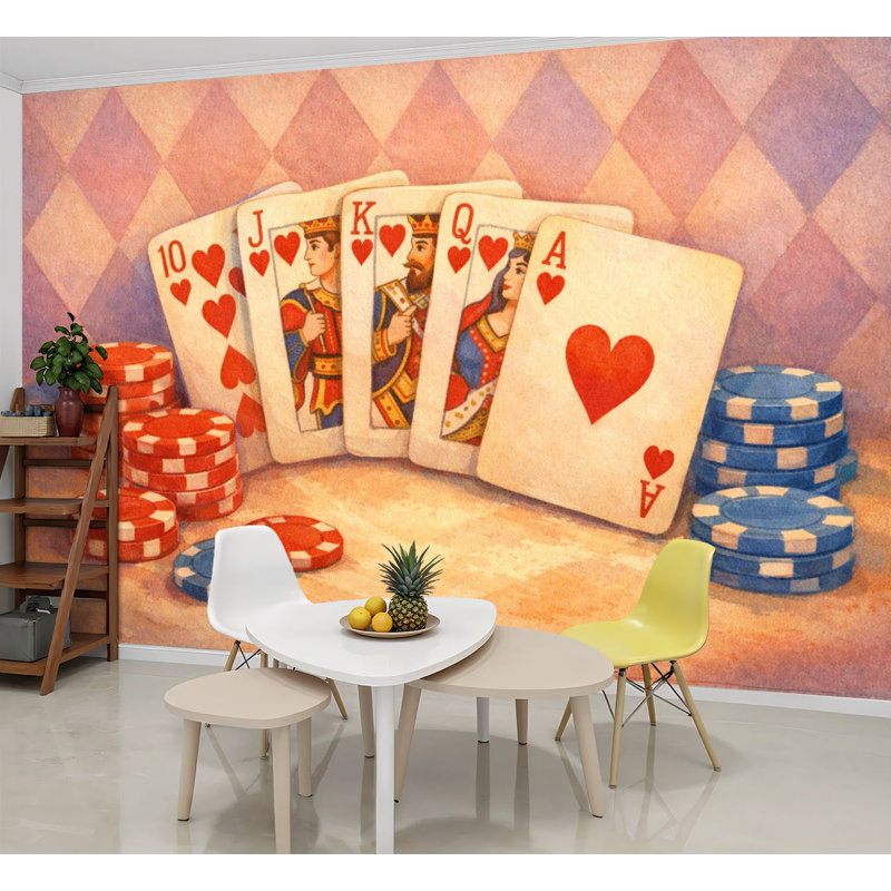 Papier peint adhésif auto-adhésif moderne pour la chambre à coucher Peel and Stick L 96 po x l 69 po - avec cartes de cœurs Royal Flush